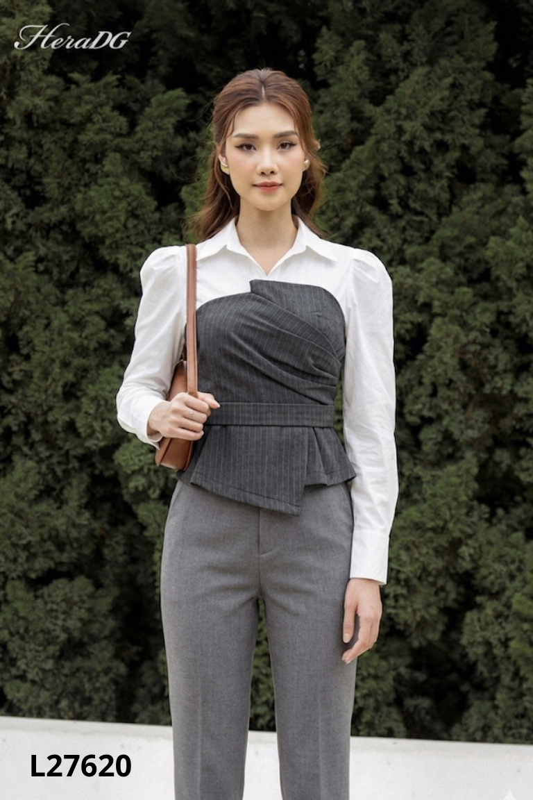 L2762010652-Áo xám sọc CONG phối sơ mi trắng