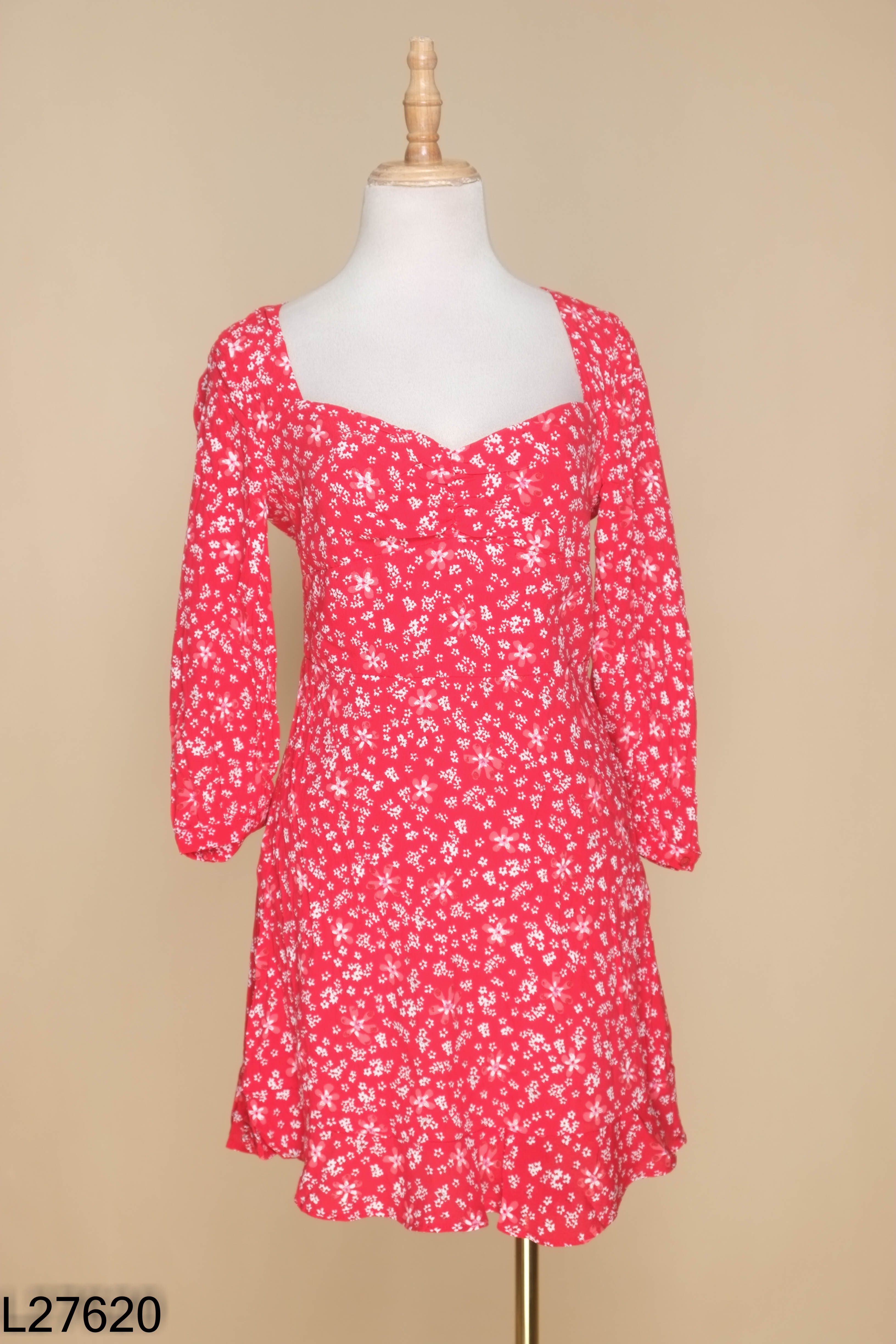 L2762010654-Váy đỏ hoa ZARA cổ vuông