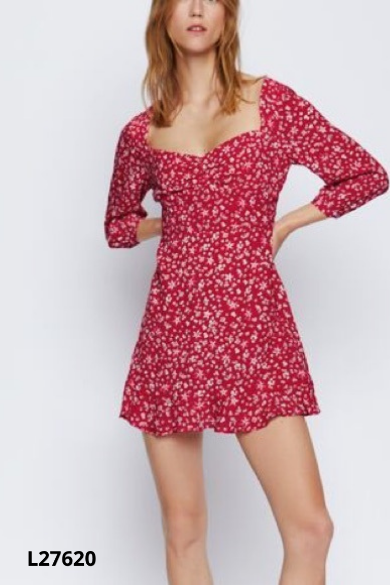L2762010654-Váy đỏ hoa ZARA cổ vuông