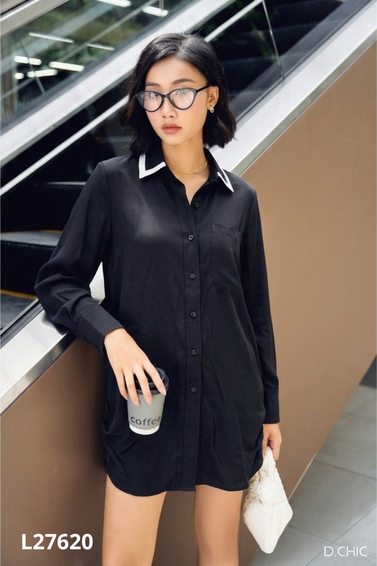 L2762010667-Áo sơ mi đen D.CHIC cổ viền be
