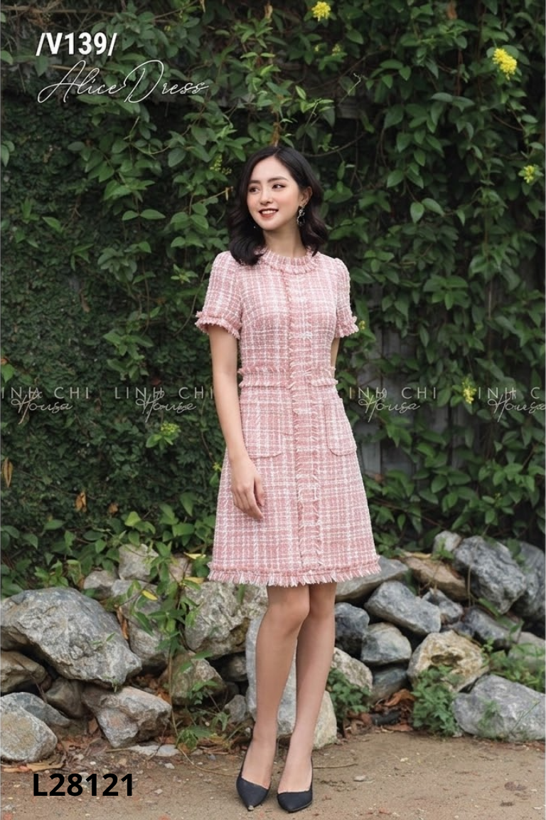 Váy dạ tweed LINH CHI HOUSE hồng caro