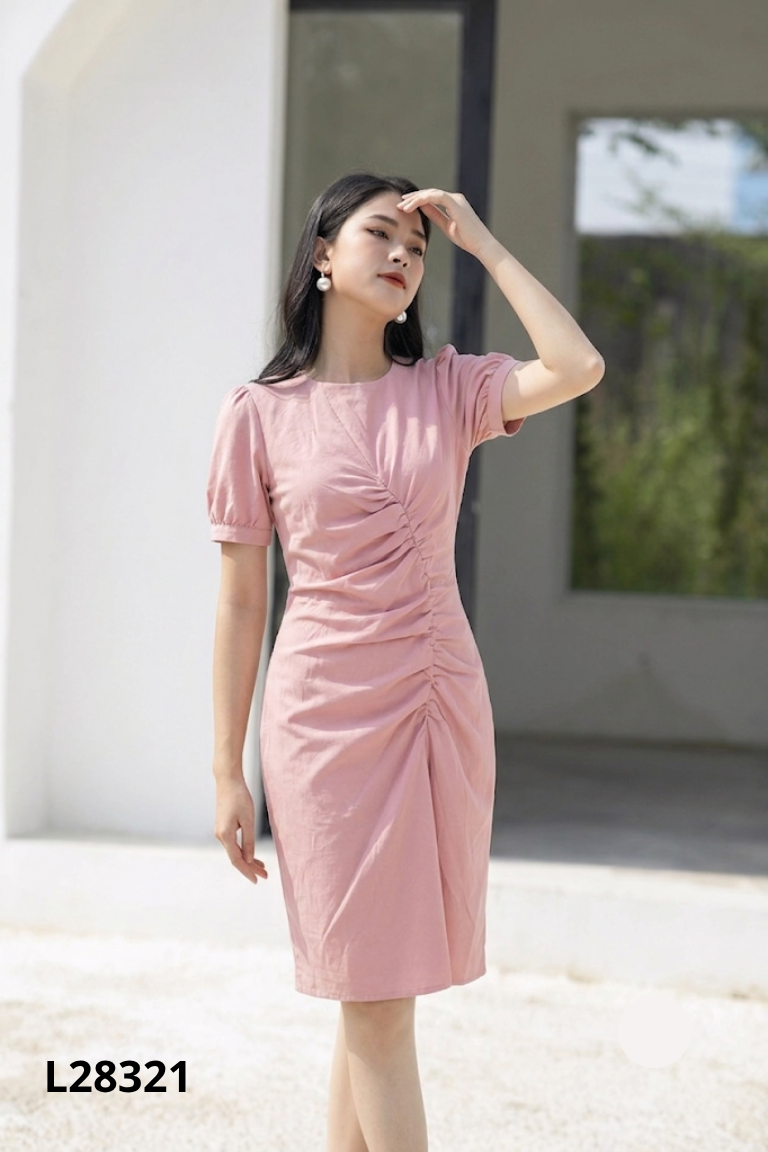 Váy hồng cổ tròn nhún