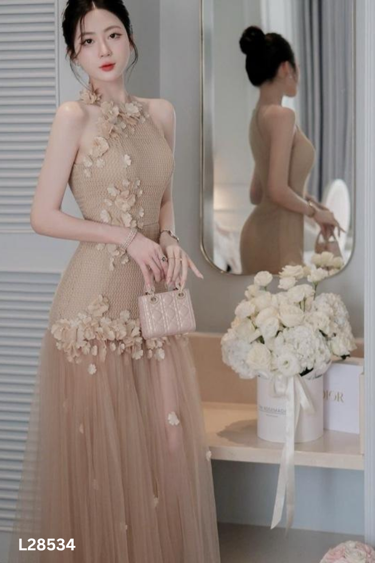 Váy KHÂU DESIGN nâu đính hoa phối voan