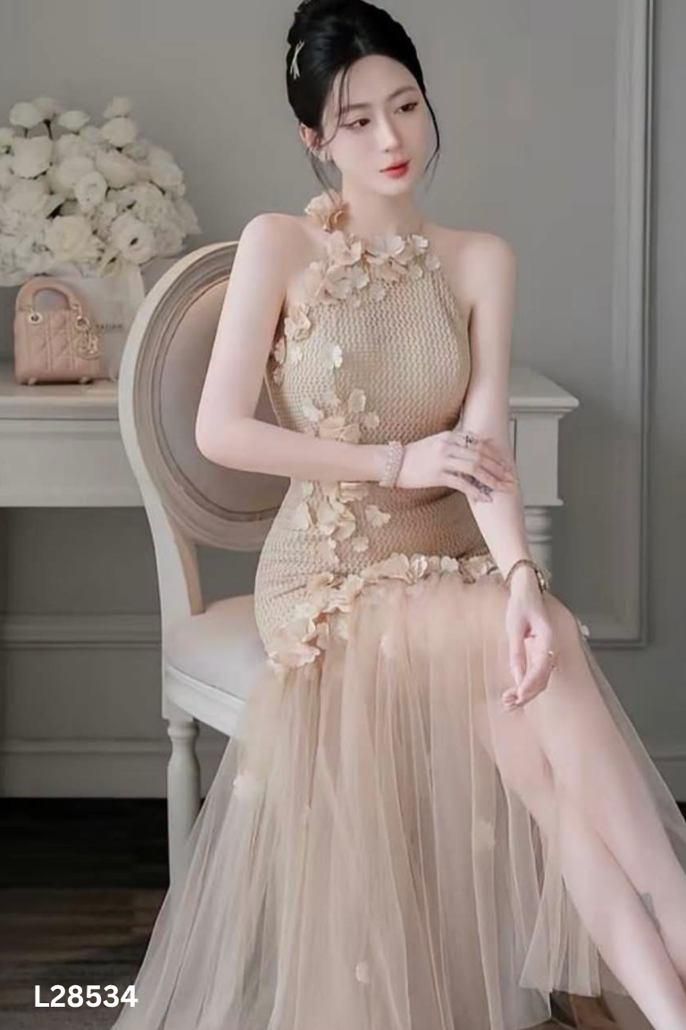 Váy KHÂU DESIGN nâu đính hoa phối voan