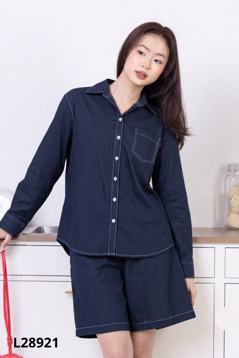 Set Áo sơ mi + quần short xanh đen họa tiết