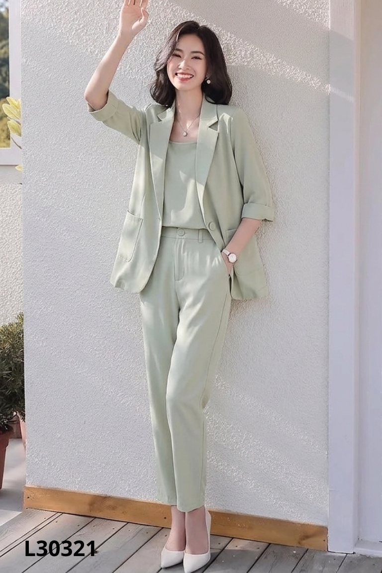 Set LECI áo blazer + áo hai dây + quần xanh cốm