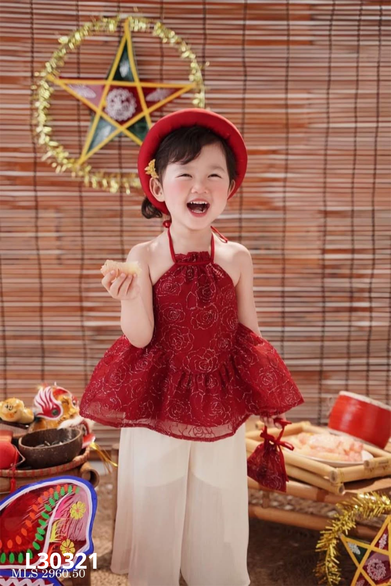Set áo áo đỏ họa tiết + quần voan trắng KIDS