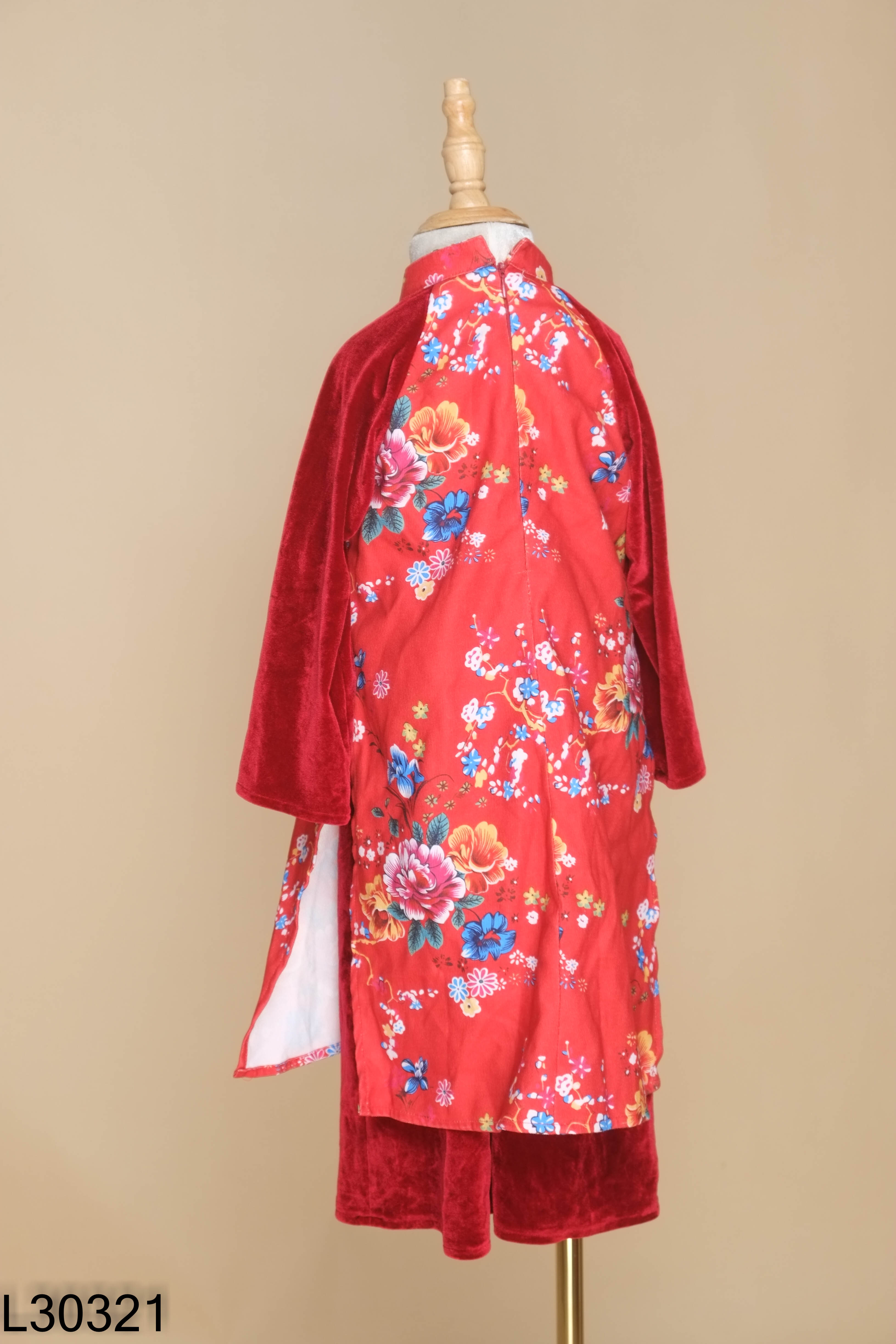 Set áo dài hoa tiết + quần nhung đỏ KIDS
