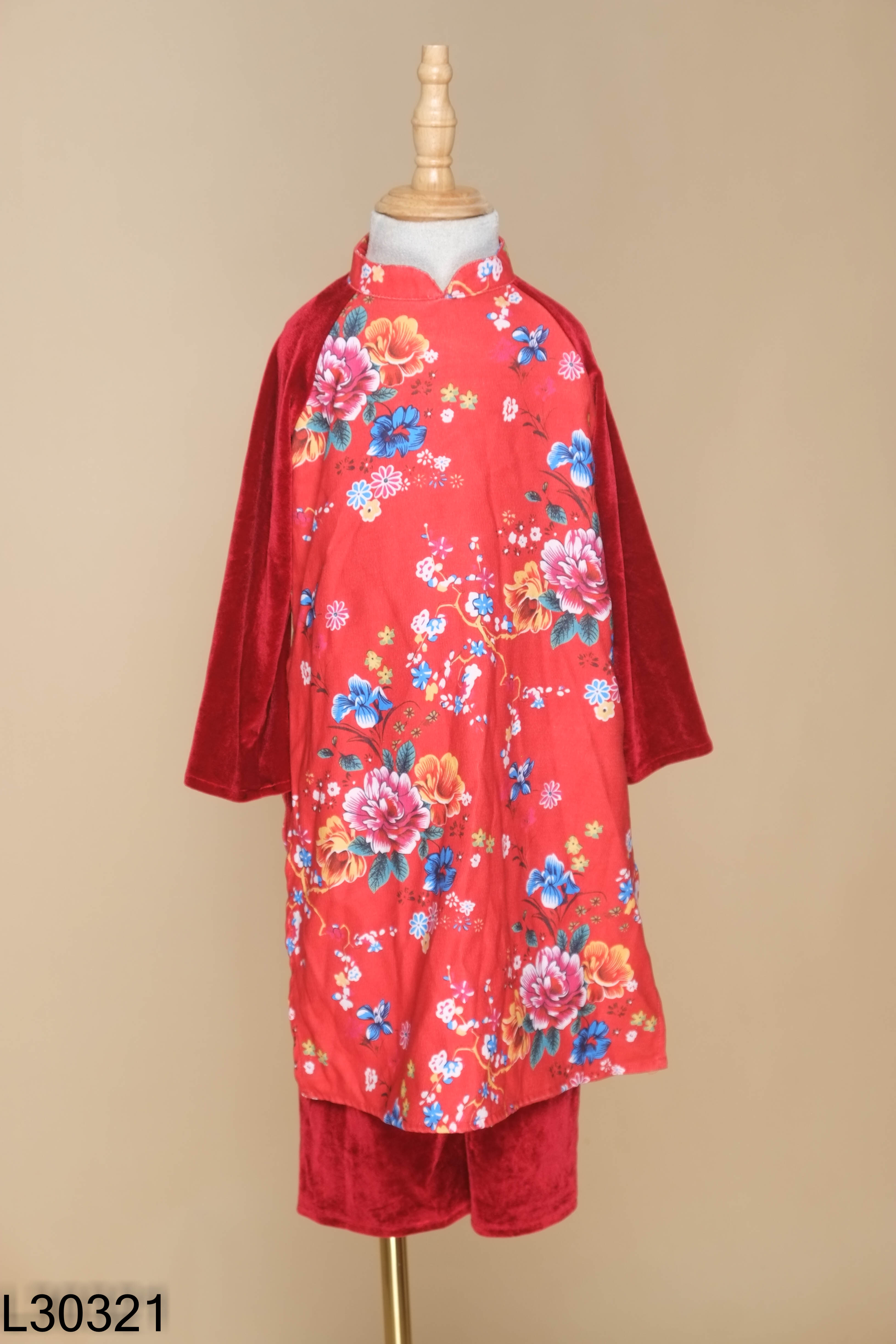 Set áo dài hoa tiết + quần nhung đỏ KIDS