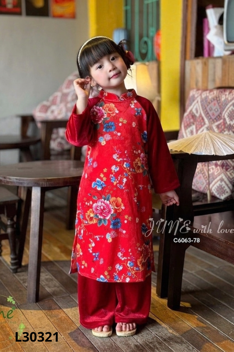 Set áo dài hoa tiết + quần nhung đỏ KIDS