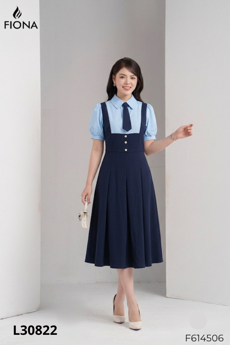 NEWTAG Váy D.B.N xanh phối cổ sơ mi