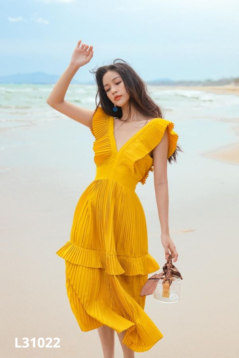 Váy cam dáng dài xếp ly