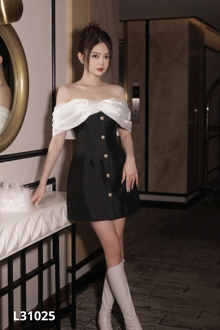 Váy đen phối organza trắng