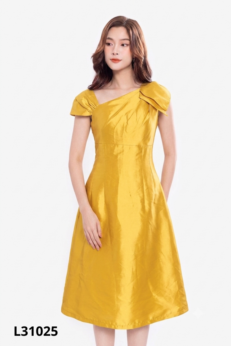 Váy taffa vàng lệch vai