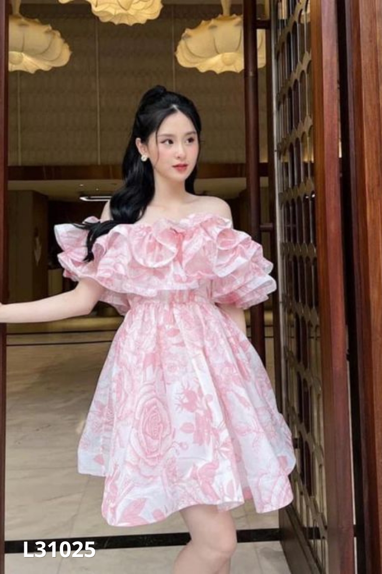 Váy MIN boutique voan trắng họa tiết hồng