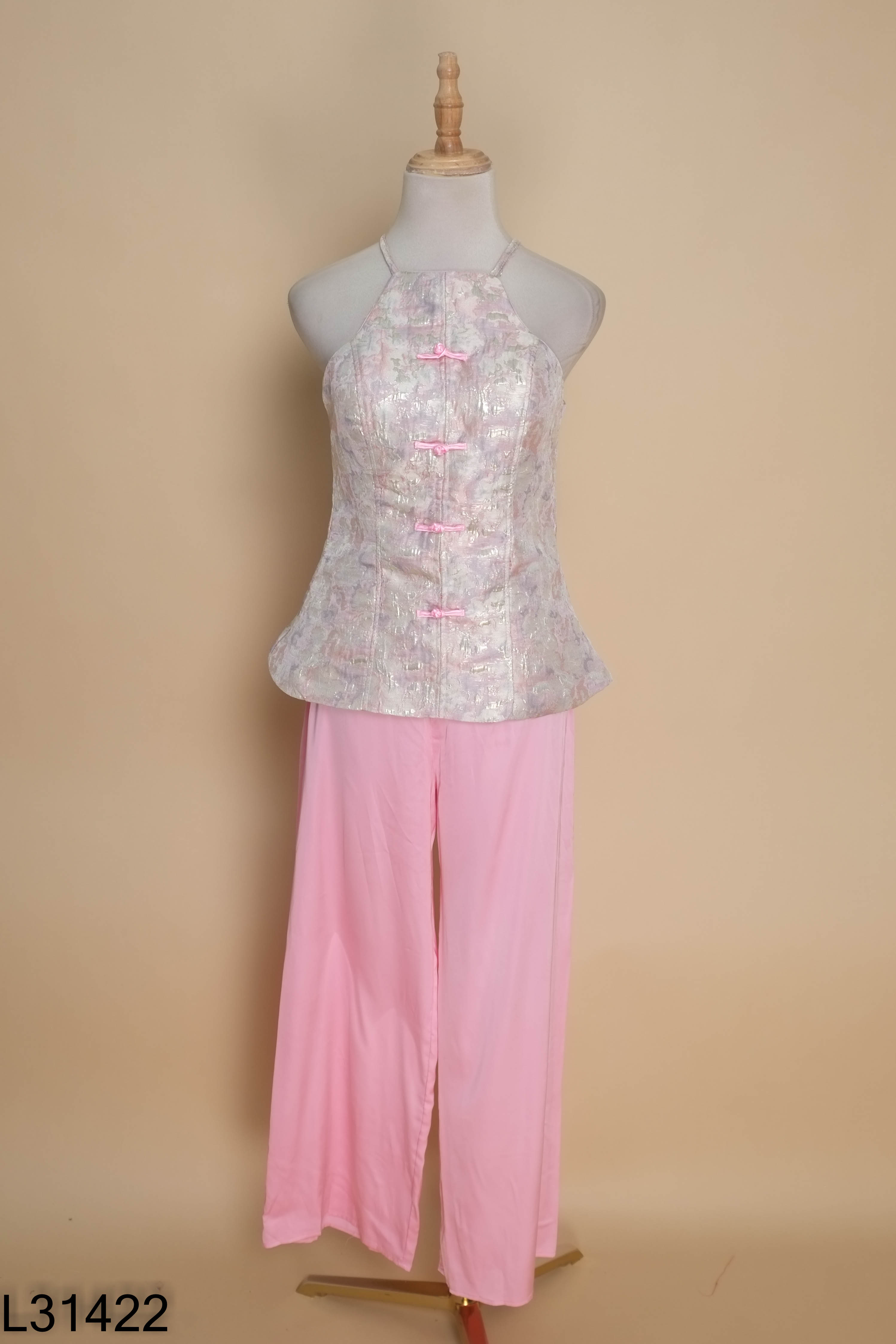Set áo hồng ánh nhũ + quần lụa hồng