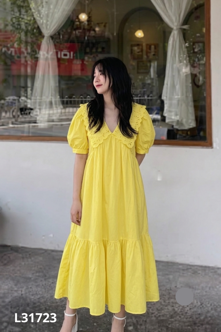 Váy vàng babydoll phối cổ cánh bướm