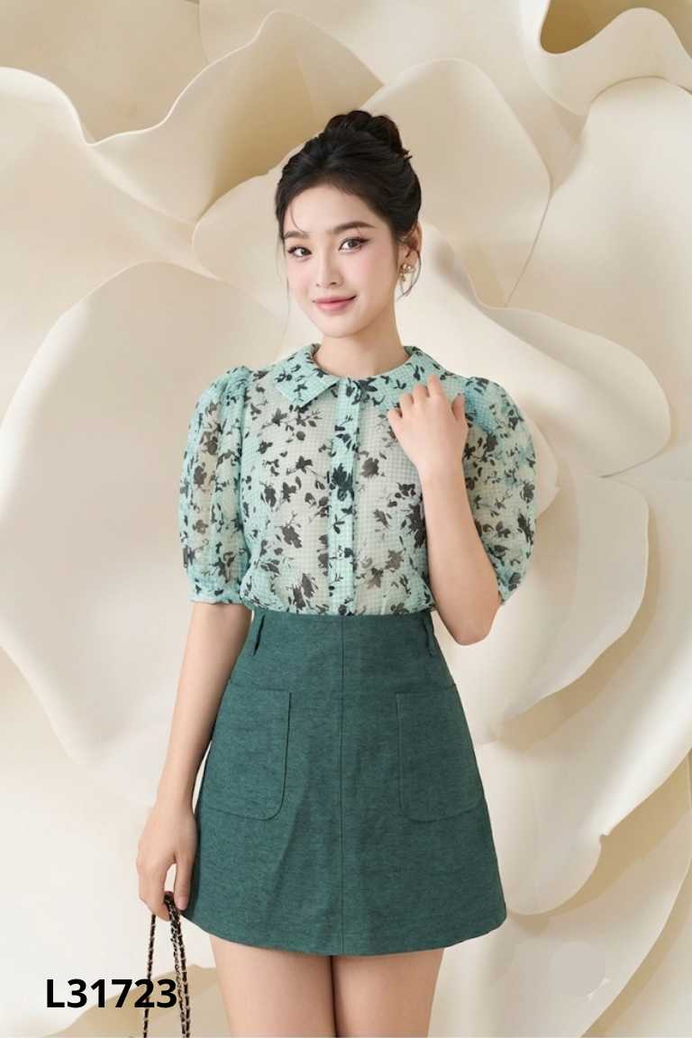 Set Áo sơ mi voan xanh họa tiết đen + Chân váy