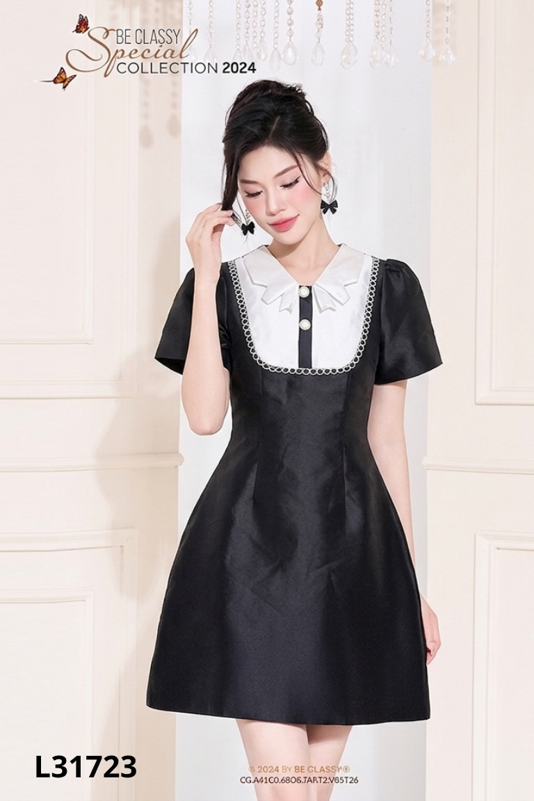 Váy đen cổ trắng phối cúc ngọc