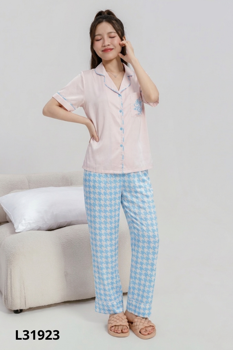Set đồ ngủ hồng viền xanh + quần dài