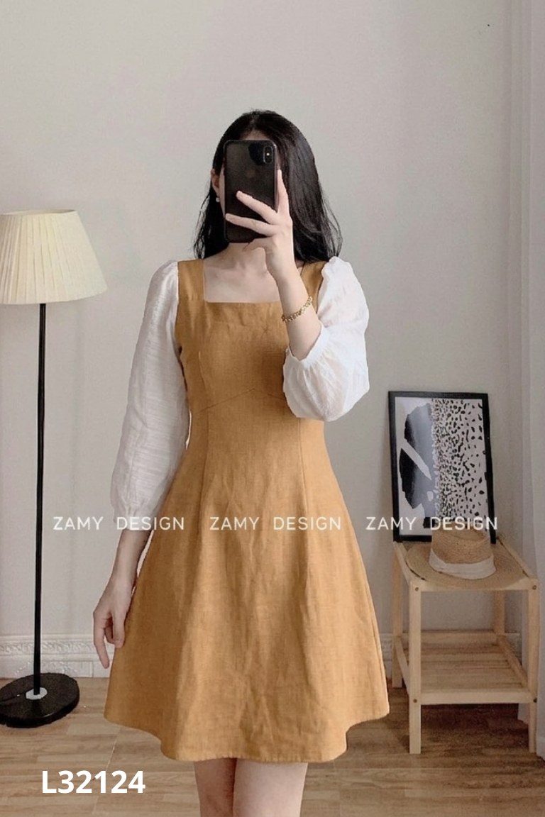 Váy nâu ZAMY phối tay voan