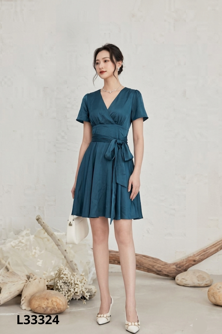Váy lụa xanh LÉP cổ tim