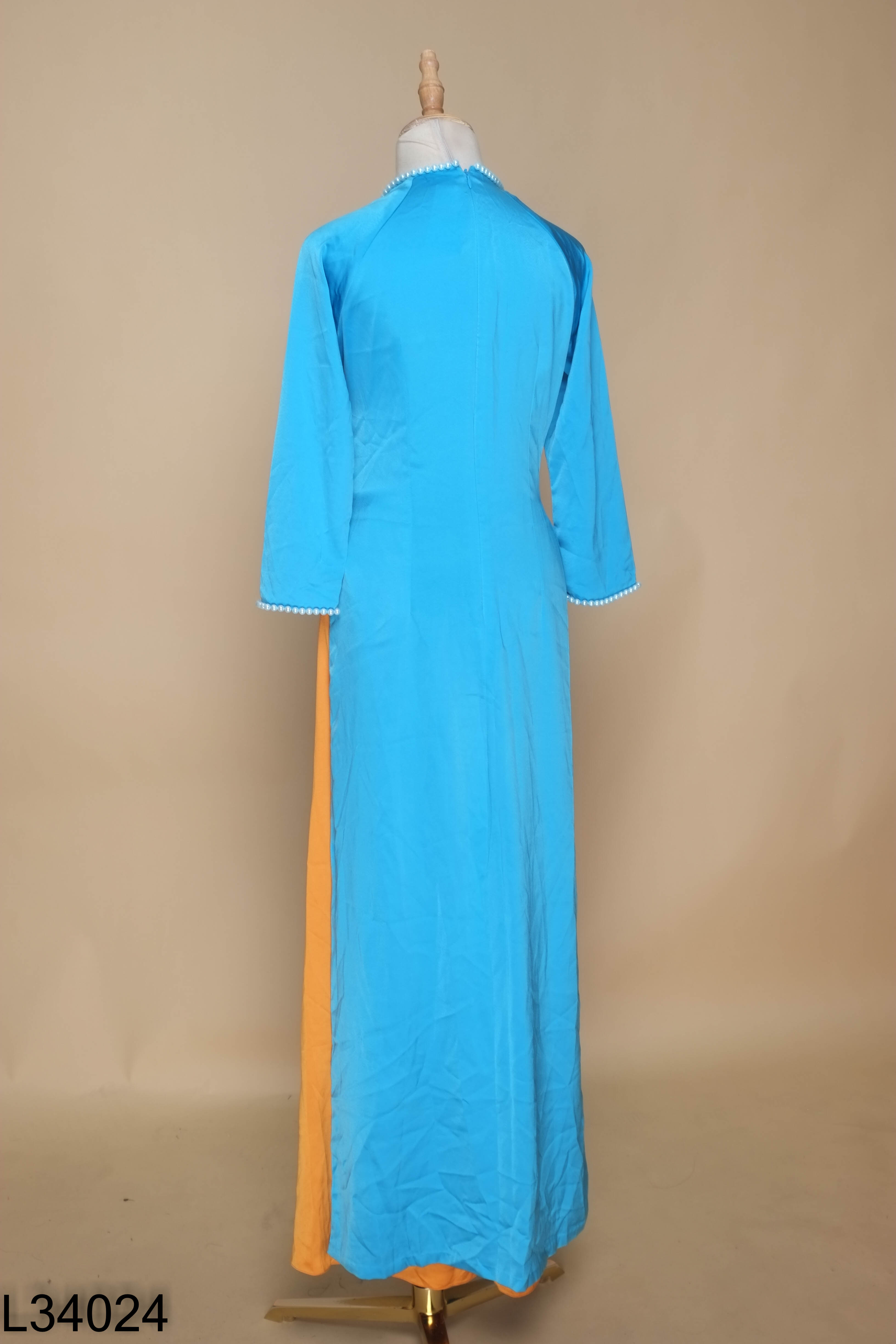 Set áo dài xanh đính ngọc+quần nâu