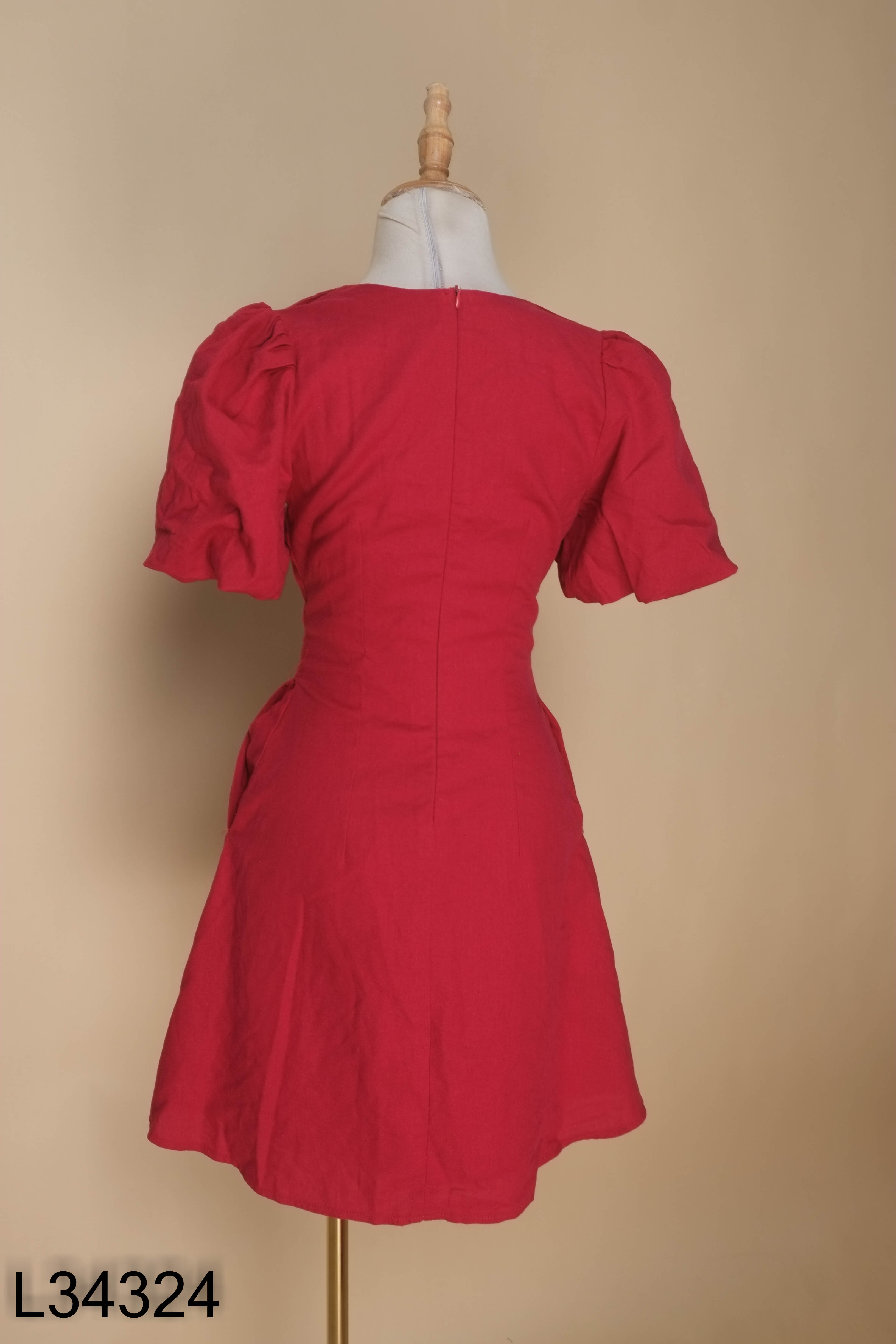 Váy linen đỏ tay phồng