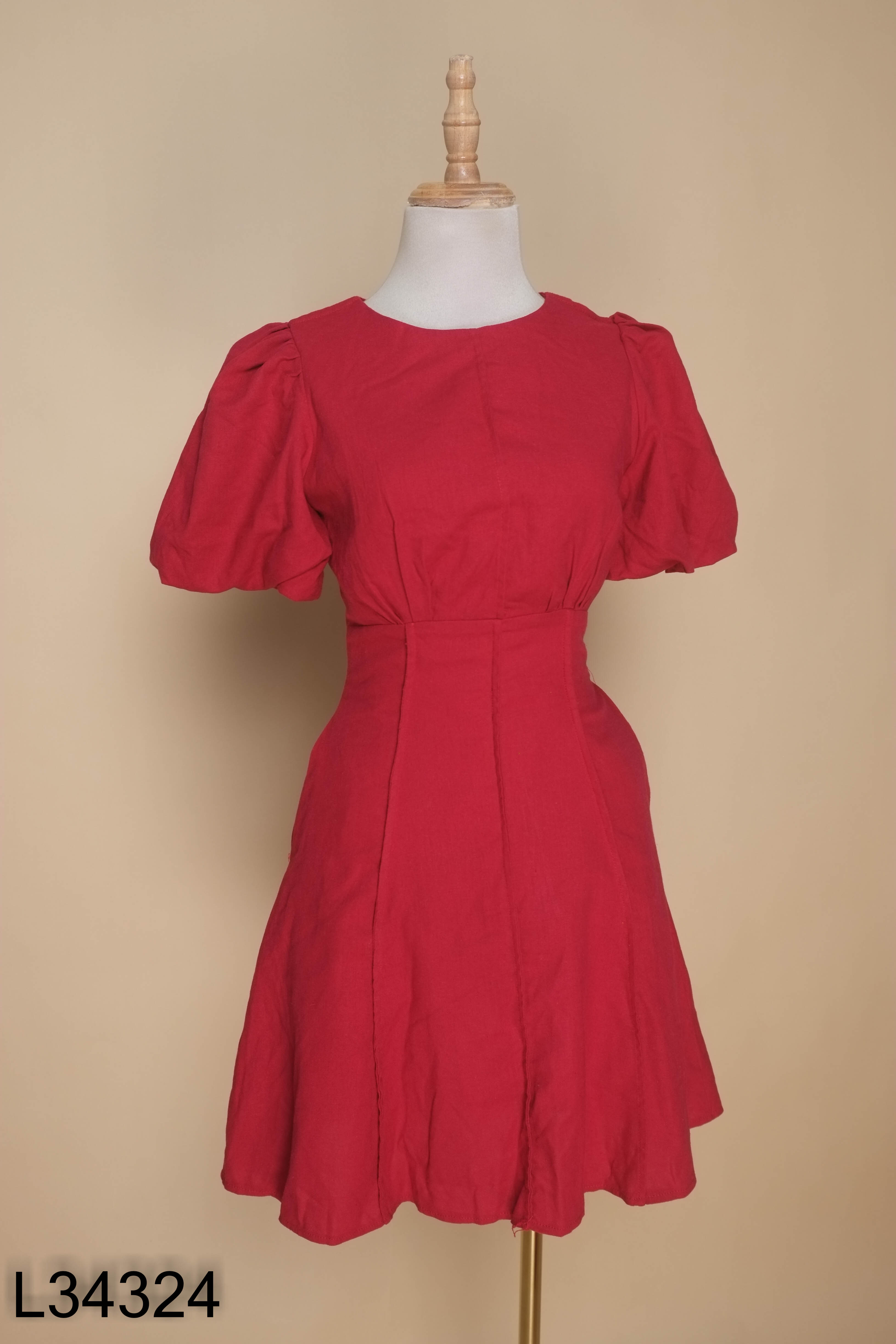 Váy linen đỏ tay phồng