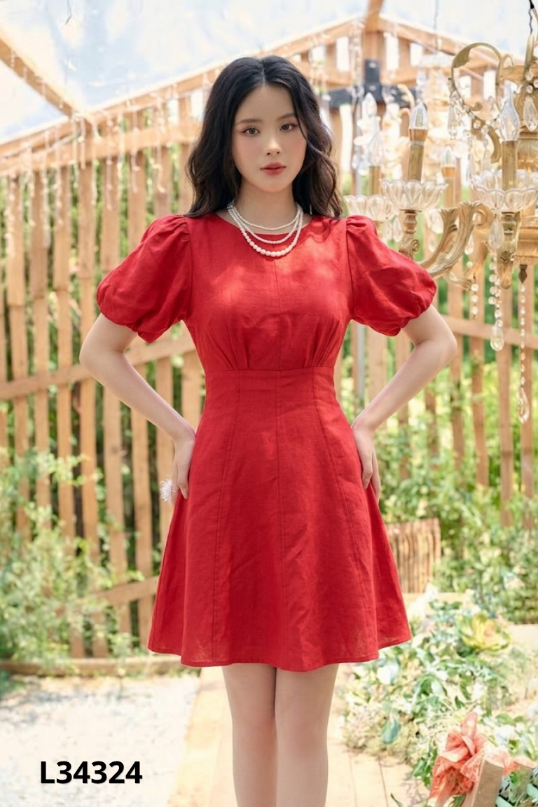 Váy linen đỏ tay phồng