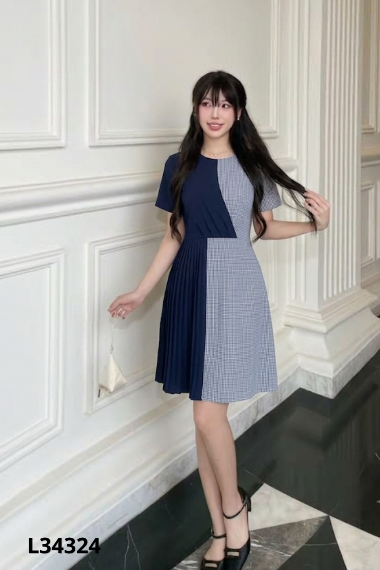 Váy xanh than UP TO SECONDS phối kẻ