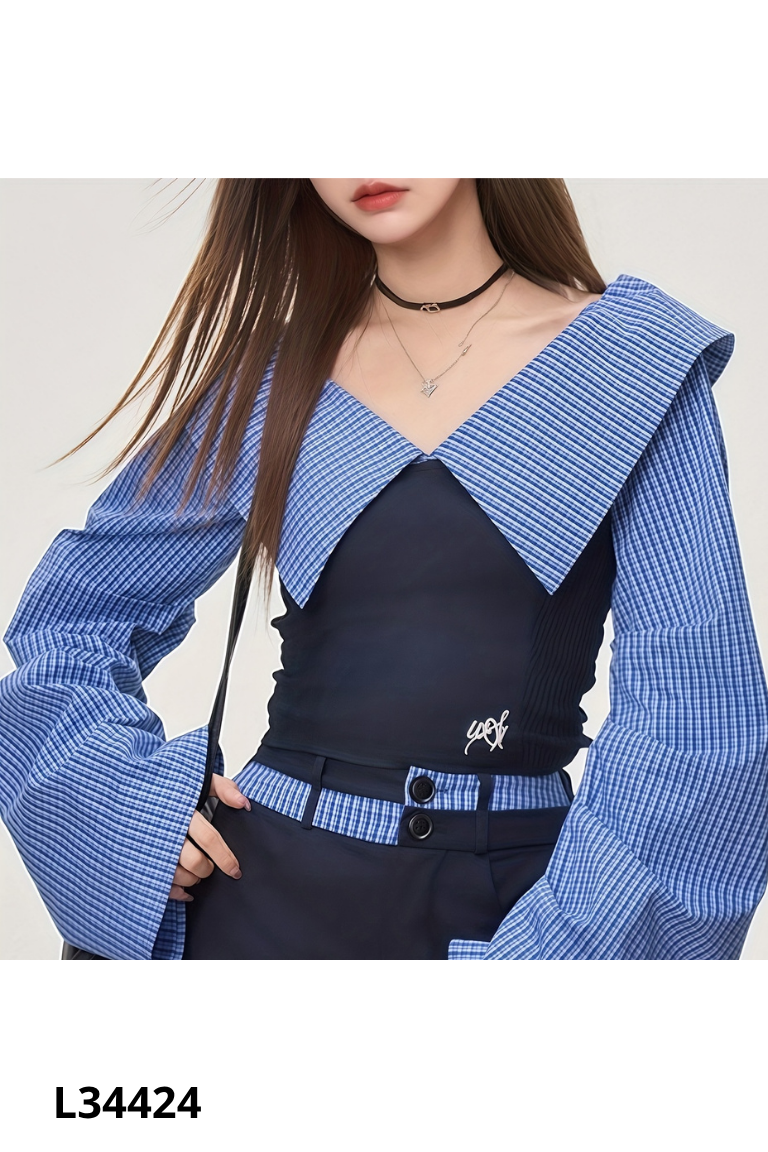 NEWTAG YMJJ áo kiểu xanh kẻ tay dài