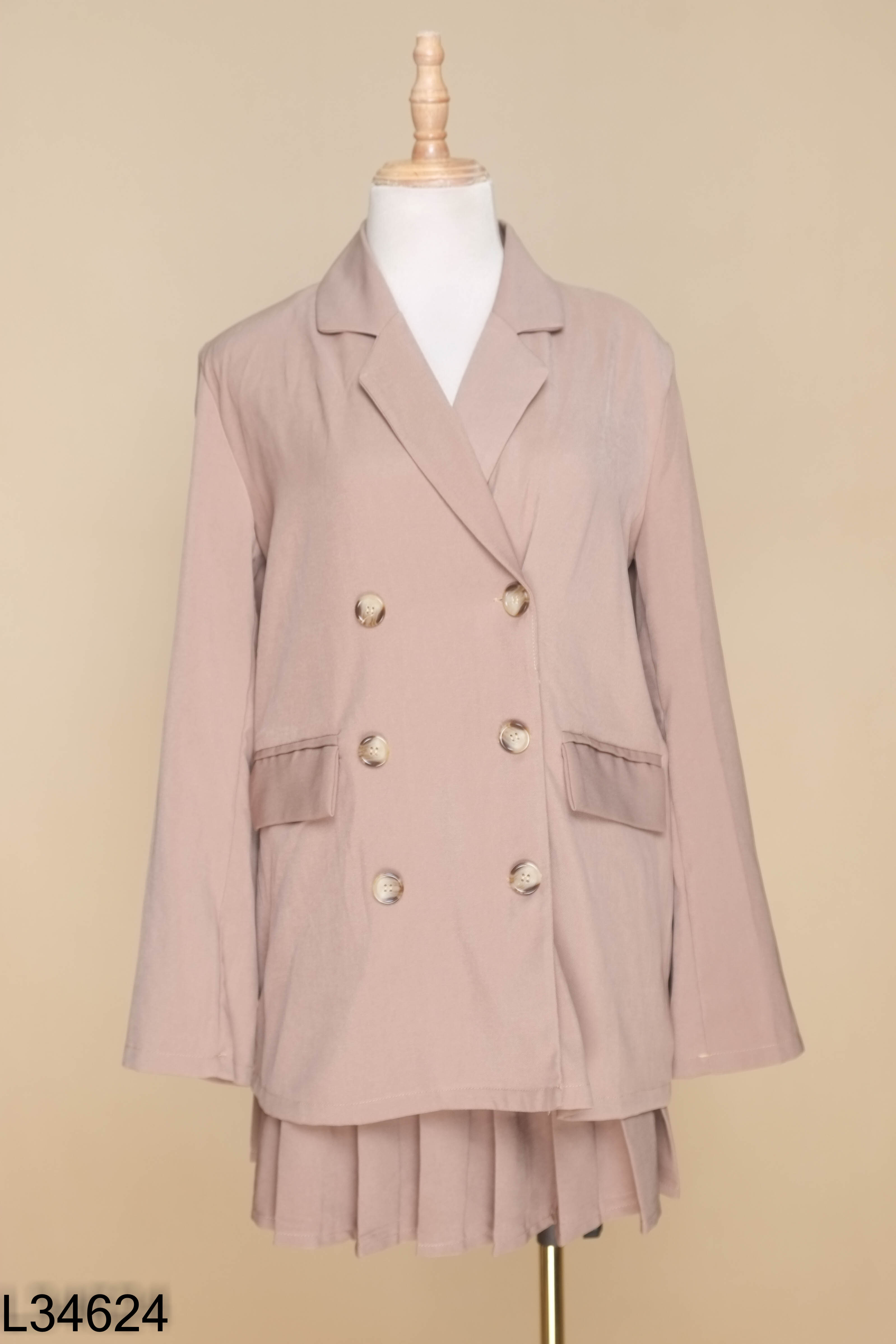 Set Áo blazer nâu + Chân váy xếp ly