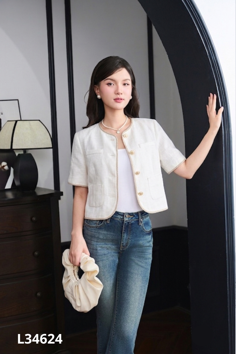 Áo tweed len be LALAY viền nâu