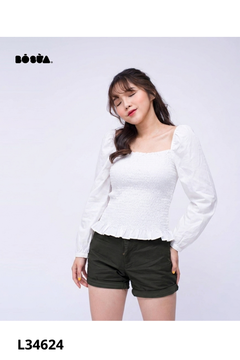 NEWTAG Áo kiểu trắng nhún BÒ SỮA