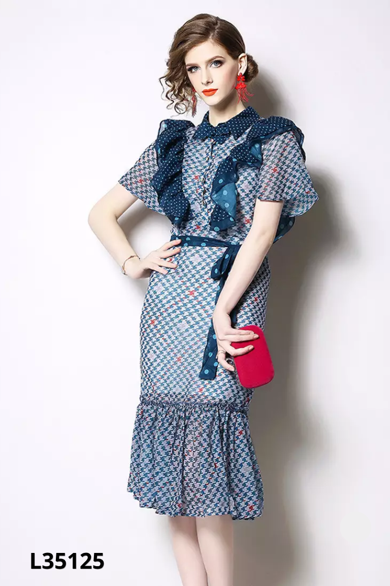 NEW Váy voan họa tiết xanh