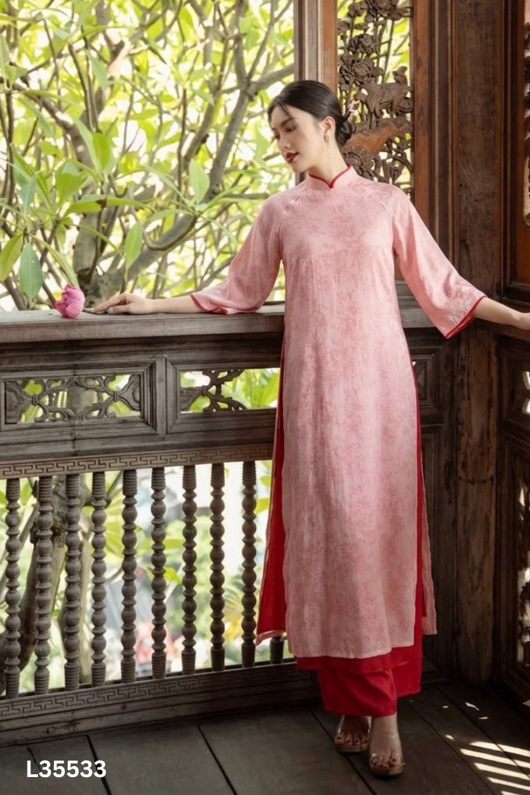 Set Áo dài hồng hoa viền đỏ + quần