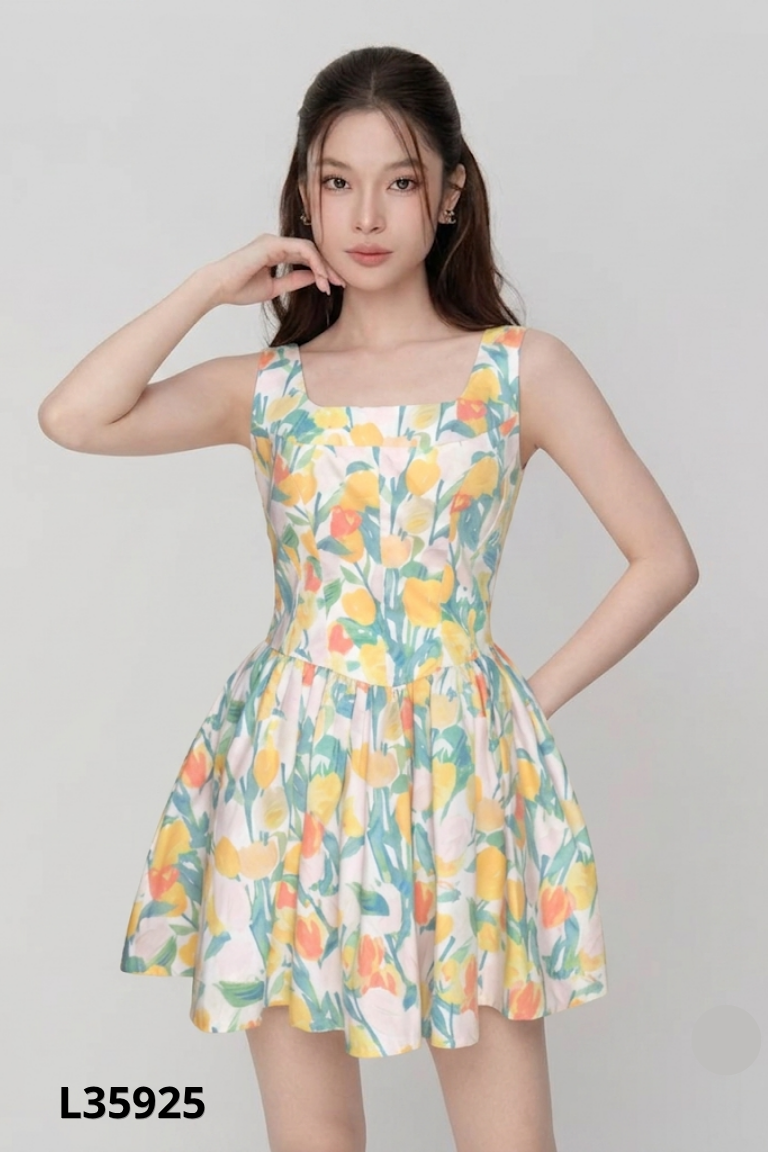 Váy vàng hoa 2 dây bo chun lưng