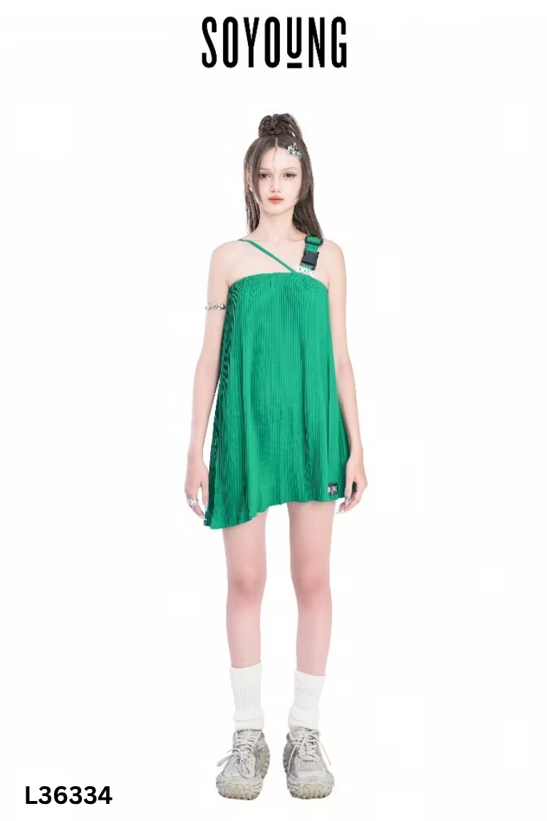 Váy SOYOUNG xanh xếp ly nhỏ