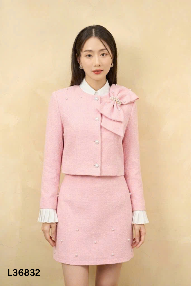 Set RICCI áo + chân váy hồng đính ngọc trai