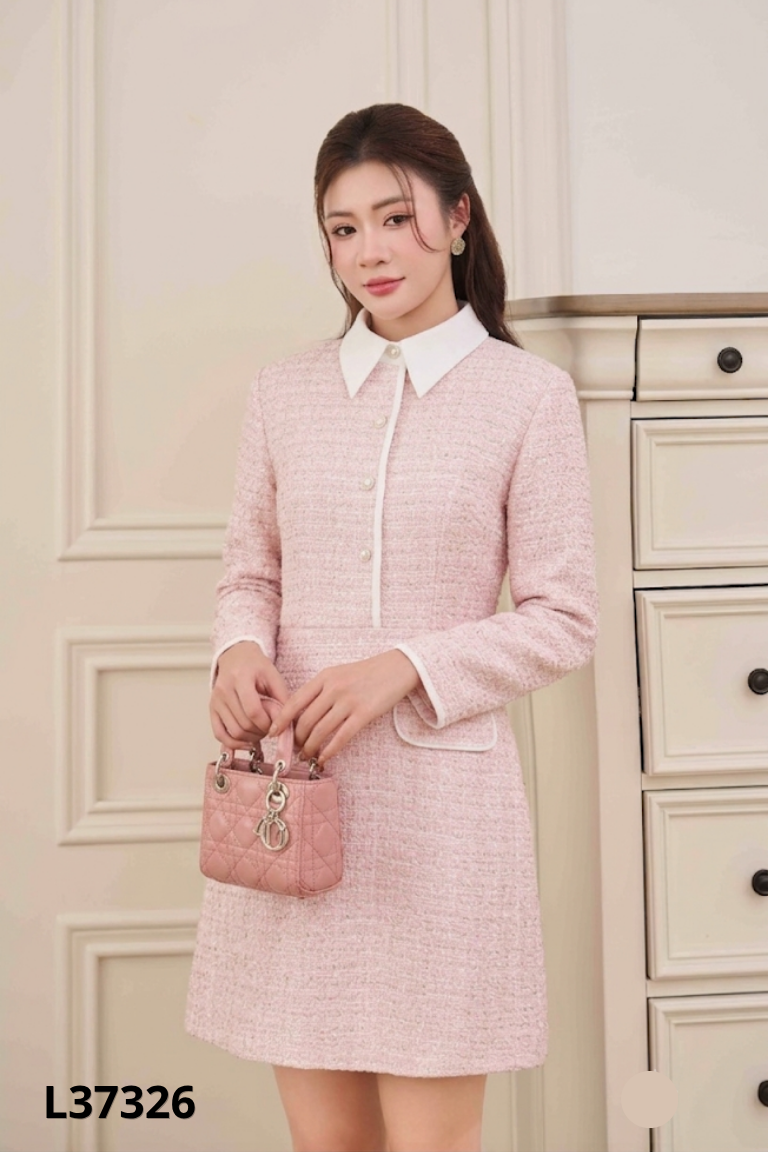 Váy dạ hồng LAYLA cổ trắng