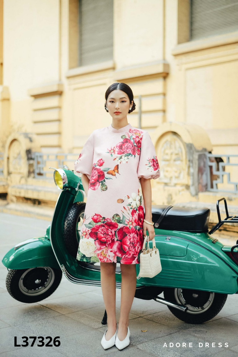 Váy hồng hoa ADORE DRESS tay phồng
