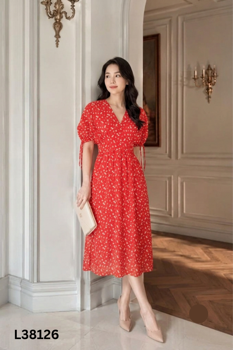 Váy HOI VU đỏ họa tiết hoa