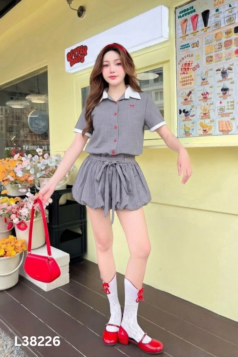 Váy xám sọc GERME thêu nơ dáng bí