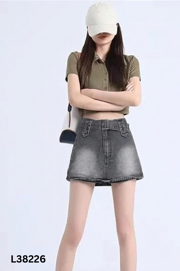 Chân váy jeans xám RUBIES phối đai