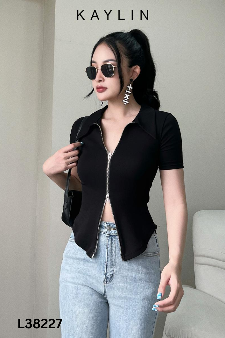 Áo đen KAYLIN cổ bẻ kéo khóa