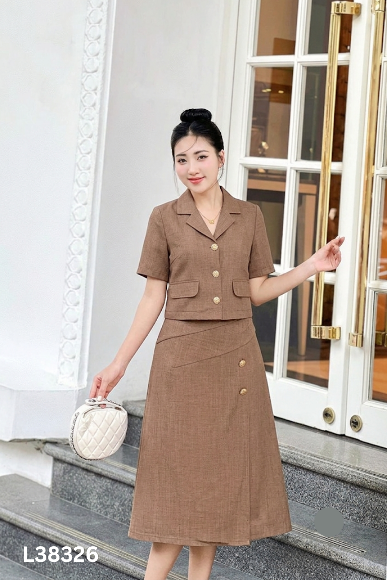 Set Áo nâu NẮNG VÀNG phối cúc + chân váy
