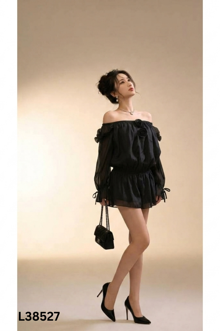 Set Váy trễ vai đen ánh phối tay voan