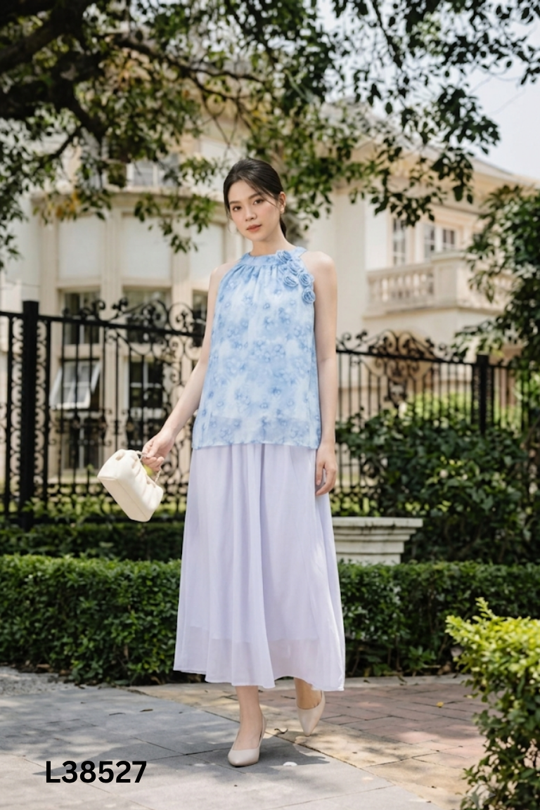 Set Áo cổ yếm xanh + Chân váy dài