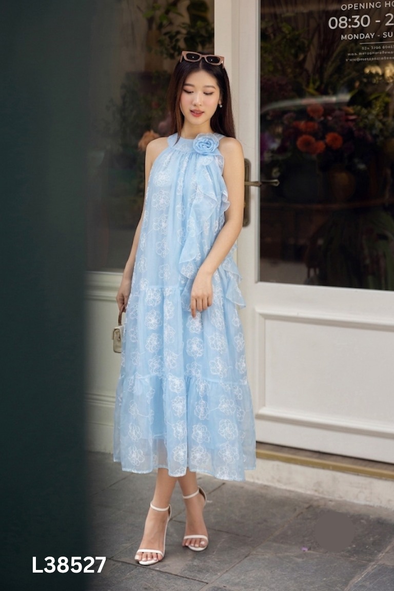Váy babydoll xanh may họa tiết